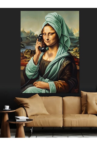 Ahşap Tablo Telefonla Konuşan Mona Lisa