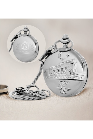 Hediye Vakti Kişiye Özel TCDD Tren Kabartmalı 20 MM Silver Köstekli Cep Saati
