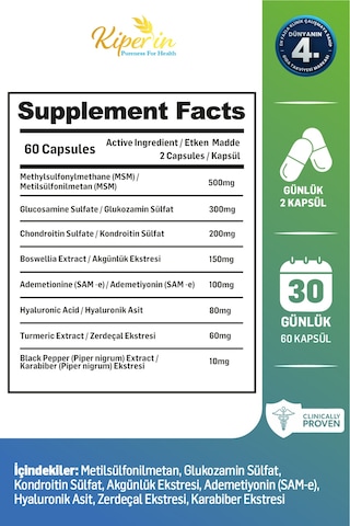 Kiperin Flexura Eklem Glukozamin, Msm, Kondroitin, Akgünlük, Sam-e, Hyaluronik Asit 60 Kapsül