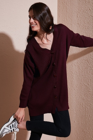 Lela V Yaka Düğmeli Uzun Triko Bayan Hırka 4616040Y Bordo