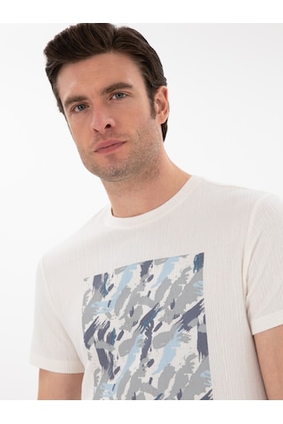 Beyaz Slim Fit Bisiklet Yaka Baskılı T-shirt