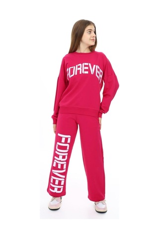 Angelos Girls Kız Çocuk Forever Baskılı Geniş Paçalı 2 İplik Eşofman Takımı Px7122 Fuşya