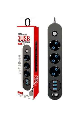 Çoklu 3'lü Priz Akım Korumalı 3xusb 10a 2500 Watt 2 Metre Uzatma Diğer