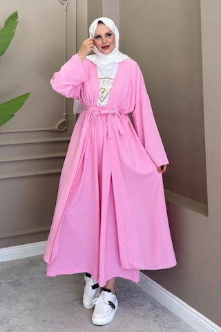 Balenbi Kadın Kuşaklı Kimono Hırka Bol Paça Pantolon Takım Tesettür 2'li Kombin 1230 Pembe
