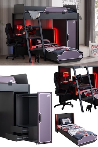Ranzalı Oyuncu Odası, Gamer Ranza Ledli Karyola Masa Dolap 90 X 190 CM
