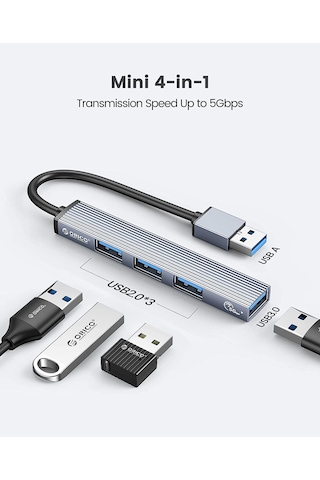 Orico AH-A13-GY USB-A to USB 3.0 Alüminyum Alaşım 4 Portlu Çoklayıcı HUB
