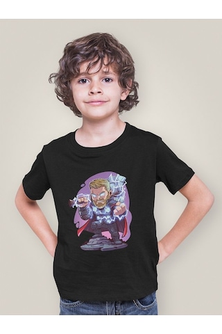 Sevbano Tasarım Thor Baskılı Unisex Yenilmezler Film Çocuk Tişört 1-12 Y Siyah