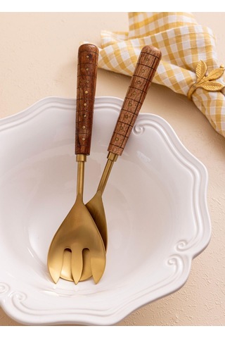 The Mia Wood Salata Servis Takımı 2 Parça Gold