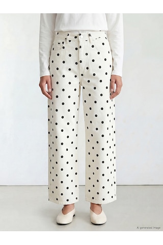 Lcw Modest Beyaz Wideleg Puantiyeli Kadın Jean Pantolon