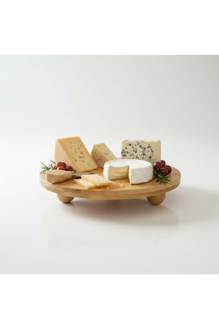 Bambu Top Ayaklı Yuvarlak Sunumluk 25cm Çap Seçenekli Doğal Ahşap Servis Tabağı Peynir, Meze, Kek Standı, Kahvaltı Ve Charcuterie Board Yükseltilmiş Masaüstü Tepsi 25 Cm 15cm