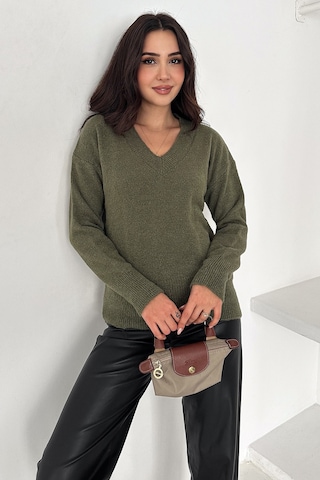 Noa & Noa Kadın V Yaka Triko Kazak Cozy Neutral Yeşil