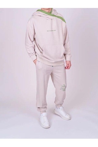 Çocuk 2 İplik Kumaş Pamuklu Sırtı Yazı Detaylı Kapüşonlu Tasarım Sweatshirt-13541 Bej