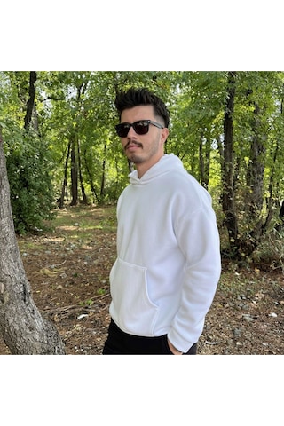 Erkek 3 İplik Basic Oversize Geniş Kesim Kanguru Cepli Kapüşonlu Sweatshirt Beyaz