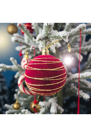 Yılbaşı Topu 10cm Kadife Bordo Altın Şeritli 3lü Ast7449 001
