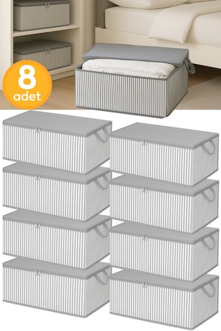 Serstil 8 Adet - Antrasit Çizgili Büyük Boy Baza Altı Ve Çekyat Tipi Hurç 65 X 45 X 22 Cm Gri