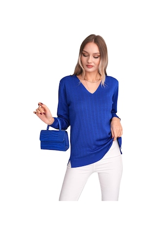 Kadın V Yaka Simli Kazak 12809 Bgl-st04106 Saks Mavi