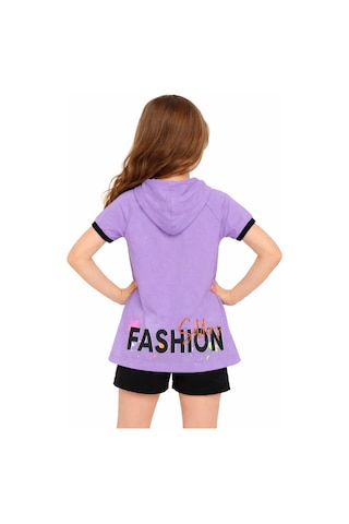 İrem Çocuk Giyim Kız Çocuk Fashion Yazı Desenli Kapüşonlu Lila Renk Tişört Lila