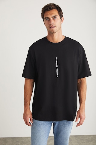Grimelange Harald Erkek Bisiklet Yaka %100 Pamuk Baskı Detaylı Siyah T-shirt