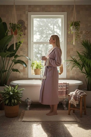 Kapüşonlu , Püsküllü , Yumuşak Dokulu , Unisex , Müslin Kumaş Banyo Ve Plaj Bornozu - Gül Kurusu - 4xl Gül Kurusu