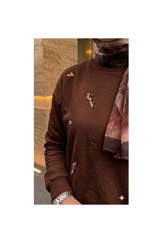 Butik Nakış İşlemeli Tesettür Sweatshirt Kahverengi Tesettür Sweatshirt Kahverengi Tesettür Sweatshirt