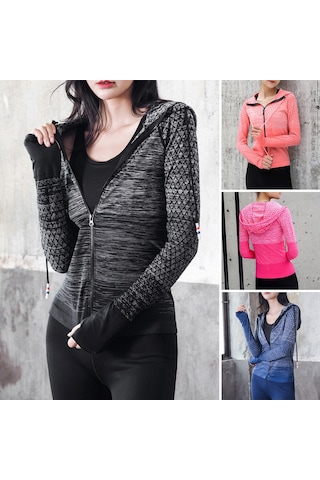 Geeroyoo Kadın Spor Montu, Hoodlu, Ceket, Parmak Delikli, Dokuma Desenli, İç Ve Dışarı Aktiviteler İçin, Slim Fit, Mavi, Asya Bedeni M Dp-wt002