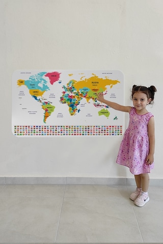 Harita Sepeti Türkçe Ülke Bayrak Lı Eğitici Başkent Detaylı Atlası Dünya Haritası Duvar Sticker -3834-a-60 X 105 CM