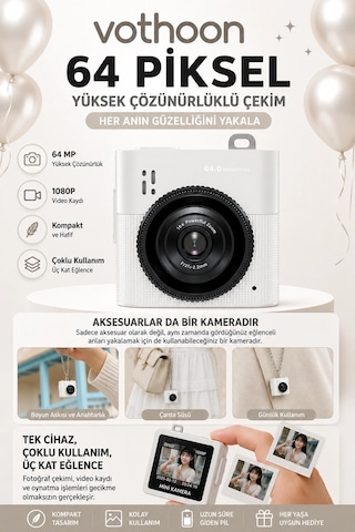 Mini Dijital Kamera 64mp 16x Digital Zoom Retro Vintage 1.4 Ekranlı Video Kamera Taşınabilir Tasarım Beyaz