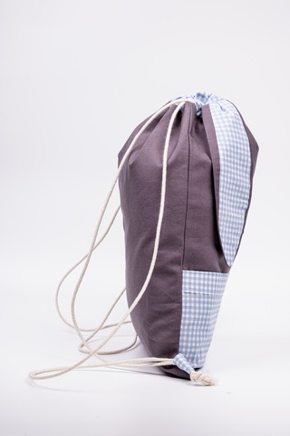 Fabric Craft Bag Tavşan Figürlü Çocuk Bez Çanta Mavi Kareli 33x45 Cm Büzgülü Koyu Gri