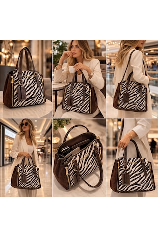 Dukidaso Kahverengi Zebra Desenli Kadın Omuz Çantası Kahverengi T8347 Kahve