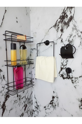 Yapışkanlı Banyo Aksesuar Seti 3 Katlı Banyo Rafı,kare Havluluk,tuvalet Kağıtlığı, Bornozluk Siyah