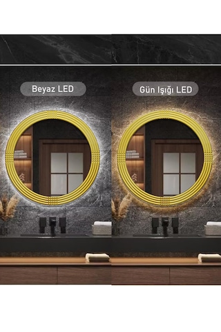 Led Işıklı Safir Altın Dekoratif İşlemeli Banyo Duvar Aynası 43 Cm Altın