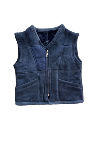 Patchwork İçi Kürk-dışı Süet Gerçek Deri Çocuk Yelek Lacivert