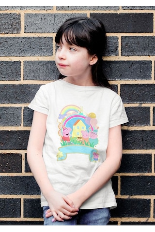 Sevbano Tasarım Peppa Pig Baskılı Unisex Çizgi Film Çocuk Tişört 1-12 Ya Beyaz