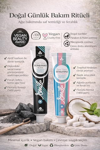 Ben & Anna Vegan Doğal Diş Macunu 2 Li Set Aktif Karbon + Hindistan Cevizi Aromalı Florürlü Diş Minesi Bakımı