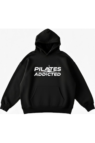 Maki Home Makiteks Siyah Pamuklu Unisex Cepli Kapüşonlu Rahat Kesim Pilates Addicted Baskılı Sweatshirt SiYAH