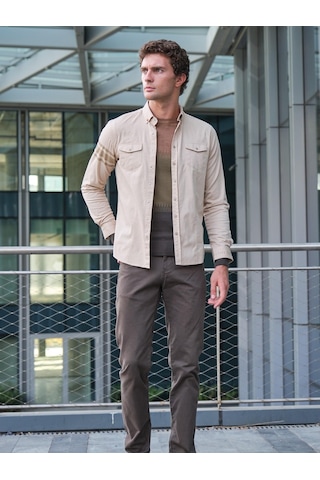 Bej Erkek Gömlek Ön Cepli Çıtçıtlı Kol Ve Manşet Baskılı Slim Fit Yıkamalı Ncs Jeans 7225-bej Bej