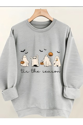 Halloween Tema Kalın Kışlık Sweatshirt - Gri Bisiklet Yaka Oversize Sweatshirt Gri