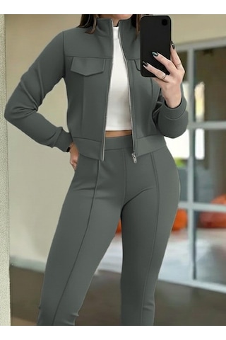 S-pazarım Kadın Uzun Kollu Önden Fermuarlı Kısa Modal Ceket Ve Pantolon Ikili Takım Yeşil