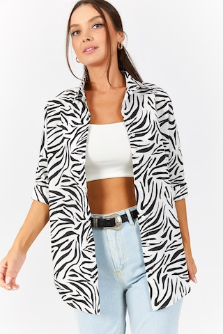 Armonika Kadın Siyah Zebra Desen Oversize Uzun Basic Gömlek Arm-22y001145