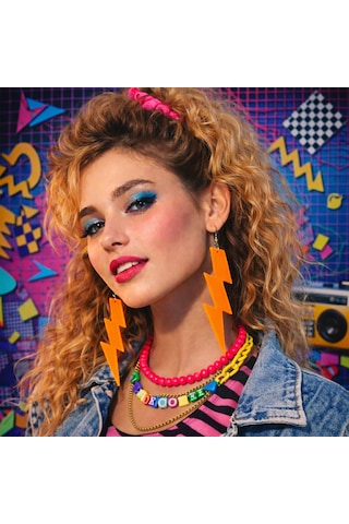 80 Ler 90& 39 Lar Retro Neon Turuncu Şimşek Küpe 10 Cm