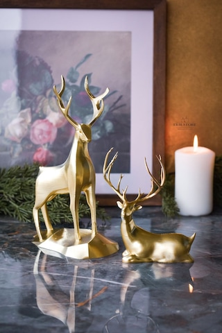 2'li 18cm Gold Altın Varak Dekoratif Hediyelik Obje Biblo Bioplastik Geyik Seti