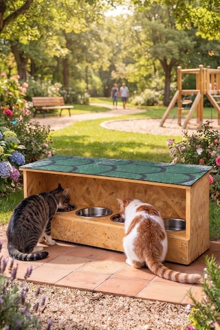 Reyo Narım Kurulu Gönderim 4 Bölmeli Ahşap Büyük Boy Kedi Mama Ve Su Kabı Seti 90x36 Cm Su Yalıtımlı Çatılı, Çelik Kaseli Lüks Kedi Mamalığı