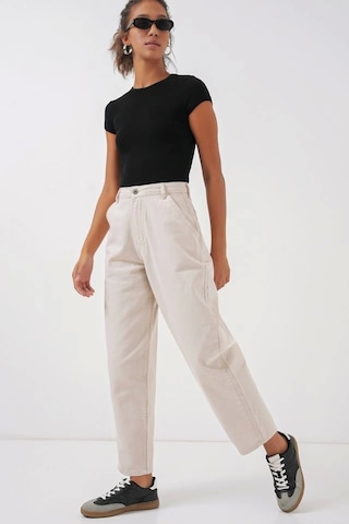 Defymoda 6703 Yüksek Bel Kot Pantolon - Ekru Ekru