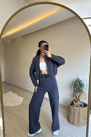 Neşeli Butik Kadın Fermuarlı Oversize Sweat Ve Yüksek Bel Eşofman Takımı Nm018 Antrasit