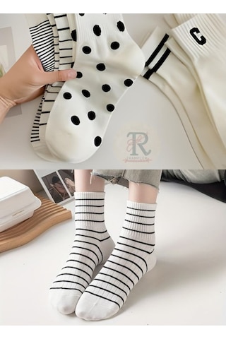 Trampler Sade Çizgili Benekli Unisex Çorap Soket 5 Çift Beyaz Siyah Beyaz