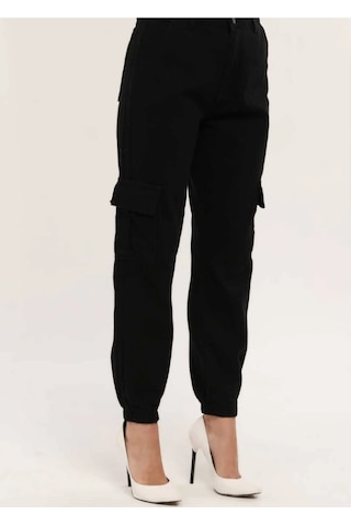 Kene Jeans Paça Lastik Kargo Cep Keten Mom Pantolon Siyah