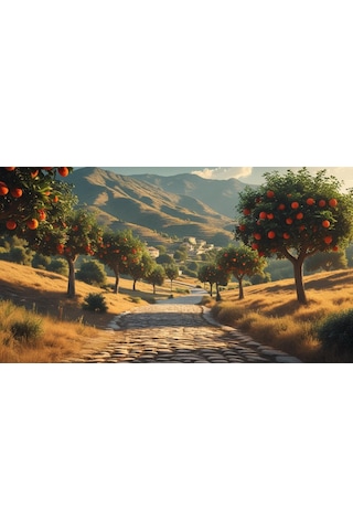 Doğa Ve Manzara Yatay Arnavut Kaldırımlı Yol Meyve Ağaçları, Dağlar 04 Çerçevesiz 90x60cm Pvc Tablo