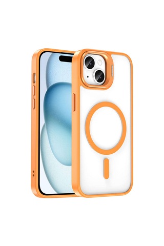 Apple Uyumlu iPhone 14 Kılıf M-safe Şarj Özellikli Standlı Zore M-safe Klon Lensli Kapak Turuncu