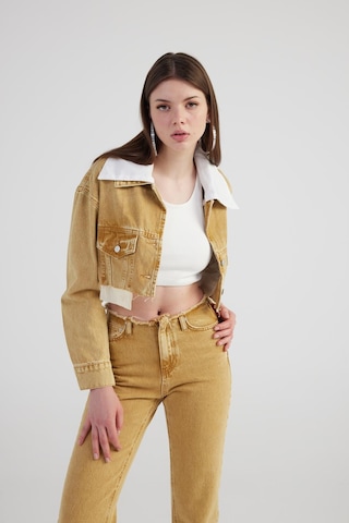 Holly Lolly Mermer Desenli Çıkarılabilir Yaka Detaylı Crop Kesim Cepli Rusted Jean Ceket Camel