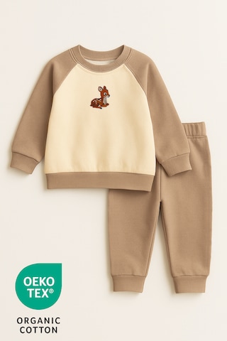 Luppinos Baby Deer 2li %100 Pamuk Nakışlı İki İplik Alt Üst Takım Bej - Camel
